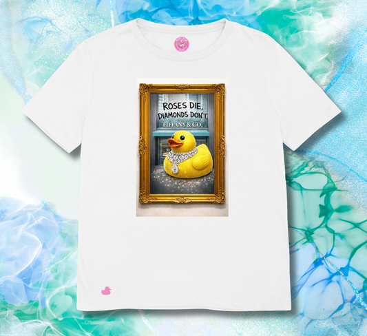 maglietta in cotone divertente e bellissima, comoda e colorata. Idea regalo fashion. Papera di gomma con gioielli peziosi