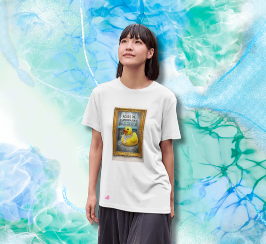 maglietta in cotone divertente e bellissima, comoda e colorata. Idea regalo fashion. Papera di gomma con gioielli preziosi