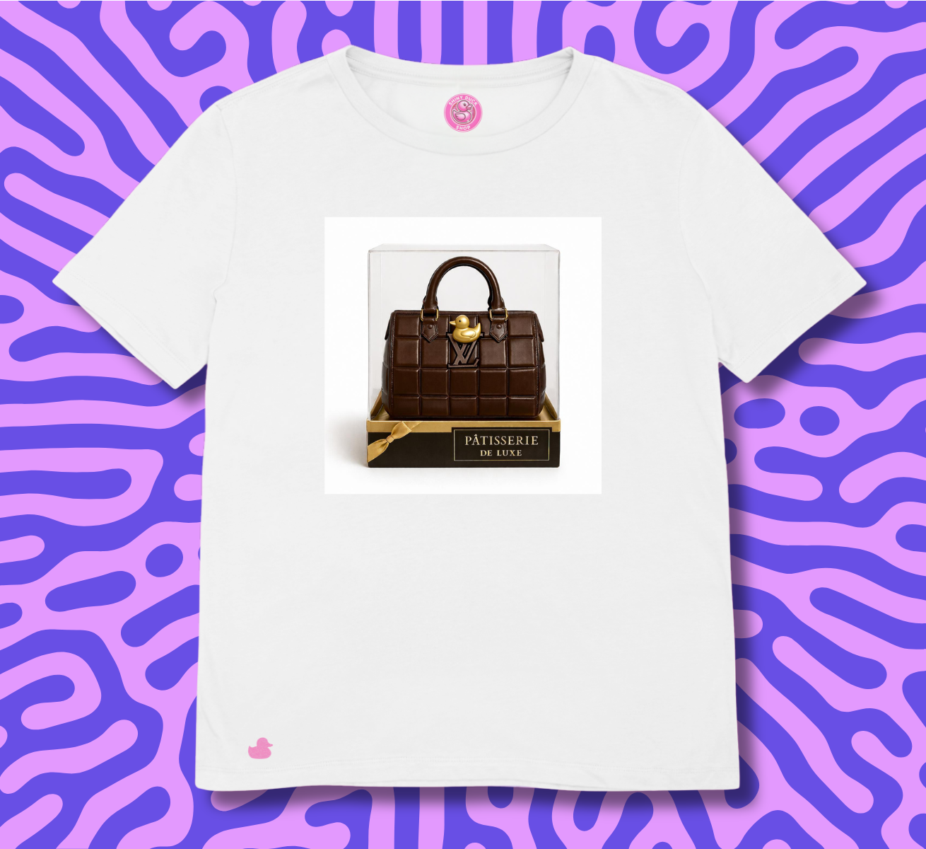 maglietta in cotone divertente e bellissima, comoda e colorata. Idea regalo fashion. Borsa alla moda di cioccolato