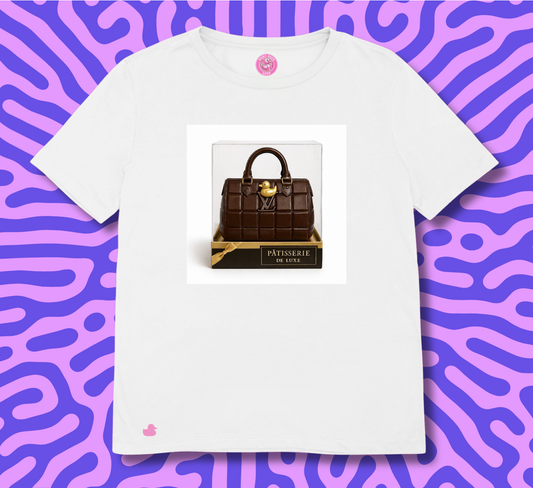 maglietta in cotone divertente e bellissima, comoda e colorata. Idea regalo fashion. Borsa alla moda di cioccolato